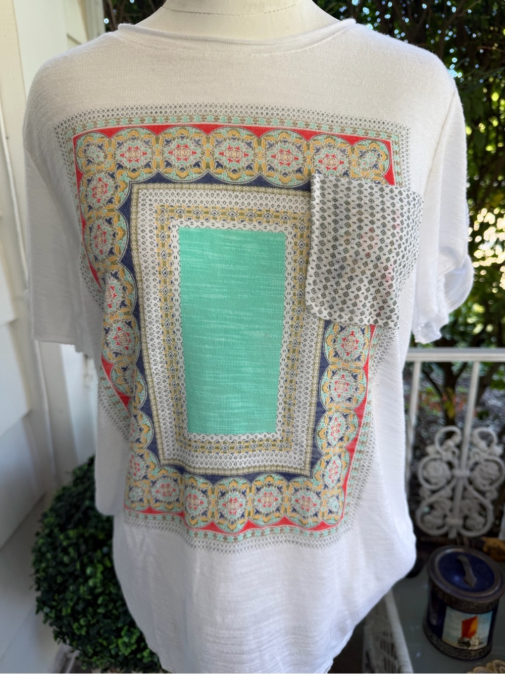 White Patterned Tee with Mint Center - Women's Top